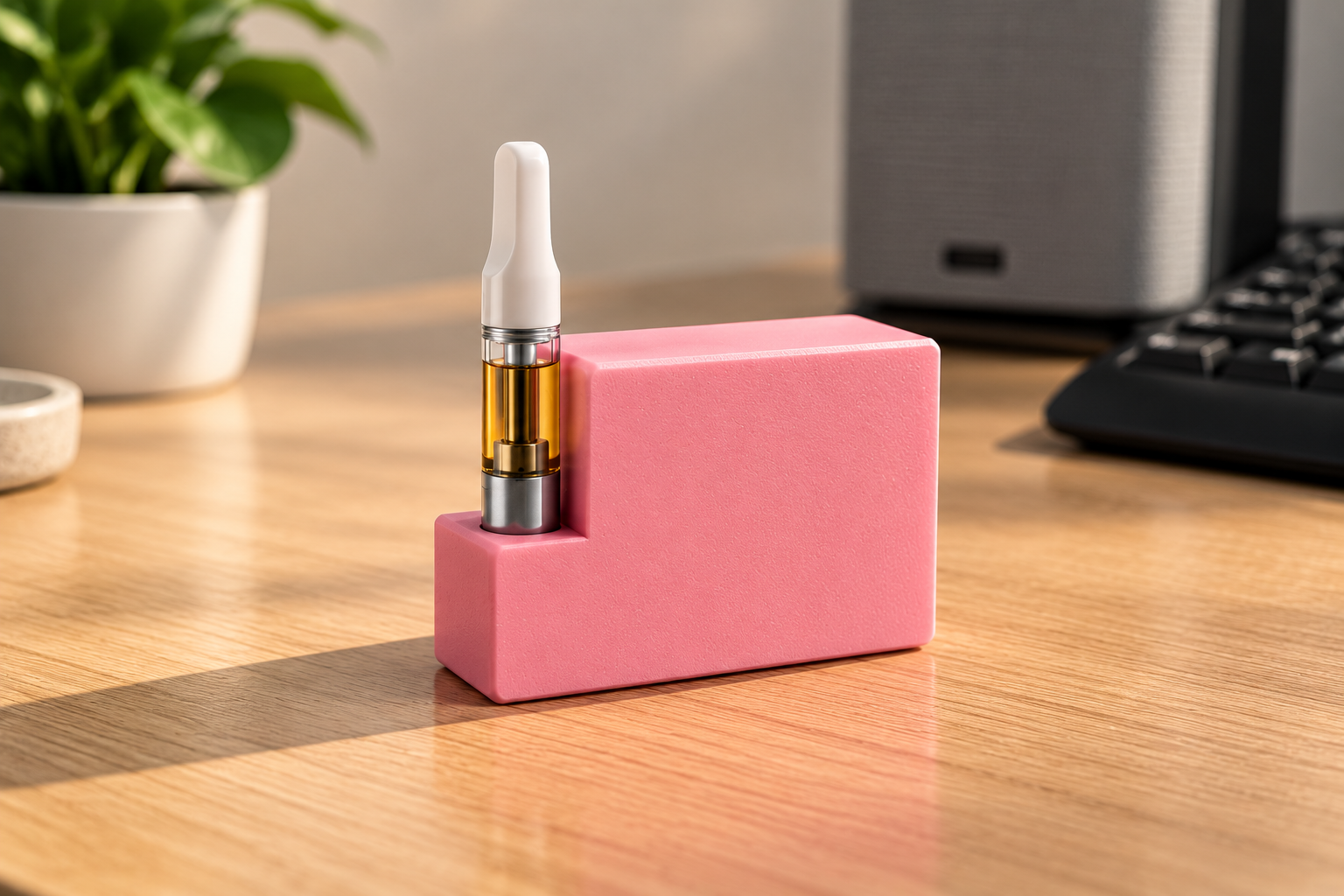 Pink SidePeace prototype with an upright cartridge on a sunlit desk.